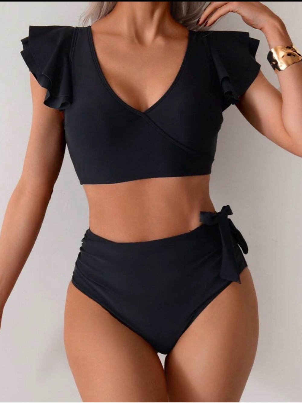 Black Ruffle Sleeve High-Waist Bikini Set